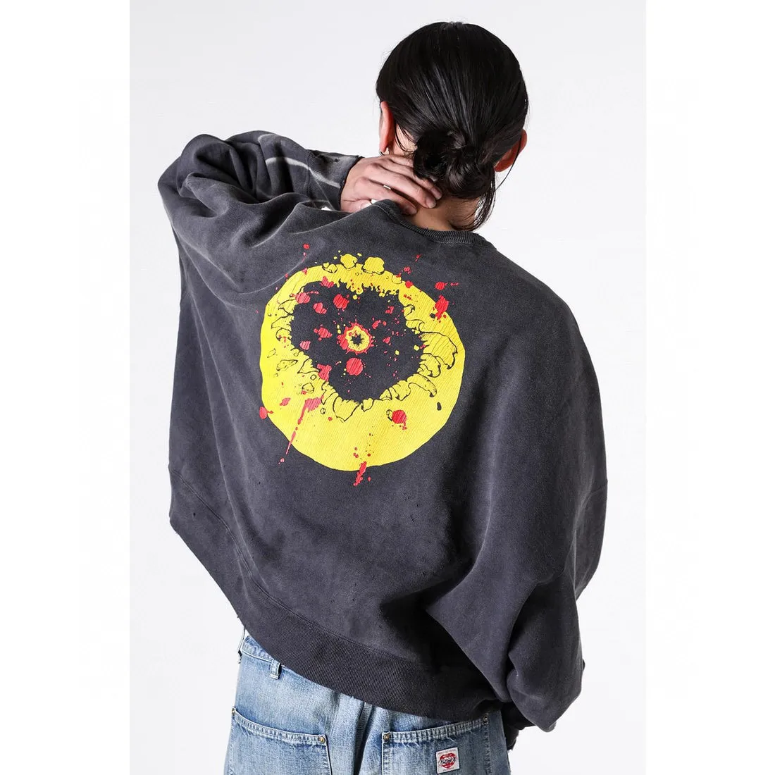 SAINT Mxxxxxx x CACTUS PLANT FLEA MARKET SMILE SWEATER SHIRT CPFM co-branded sweatshirt with smiley face, washed black S-XL, ready-to-wear Assute dyeing, heavy fermentation washing, multi-position spray fading, ultra-complex manual polishing/destruction treatment/special shearing treatment, special striped cuffs/multi-position shearing/pure handmade graffiti and dirty The only correct co-branded main wheat label/wash water label/little angel anti-counterfeiting label in the entire network